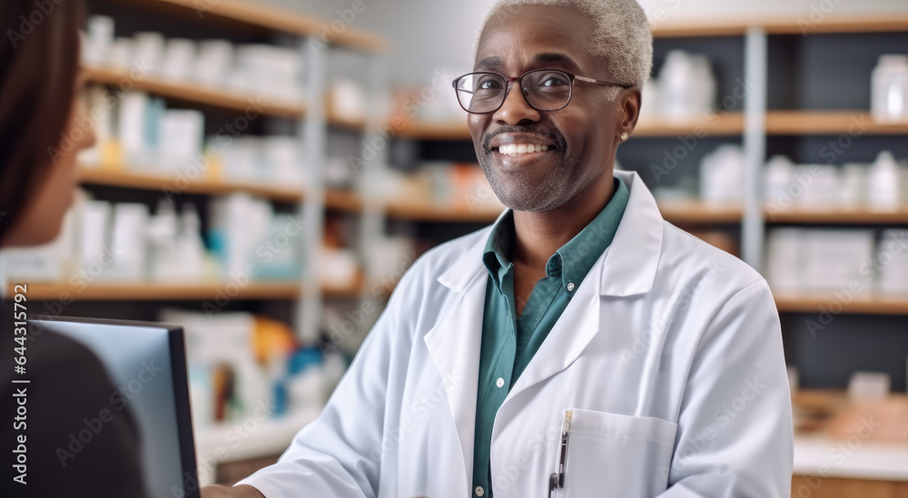 African male pharmacist gives advice on medication use to customers, Pharmacist, African doctor with box for pills, Retail drugs.
