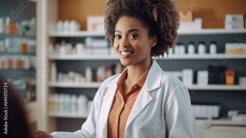 Female pharmacist gives advice on medication use to customers, Pharmacist, African doctor with box for pills, Retail drugs.