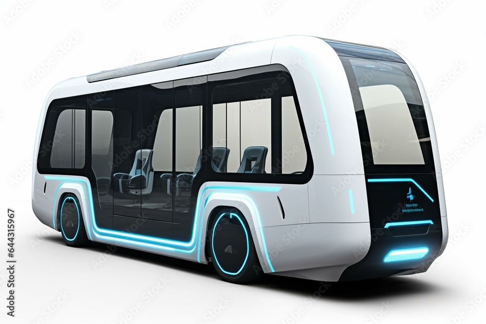 Autonomous shuttle bus with door open on white background. Generative AI