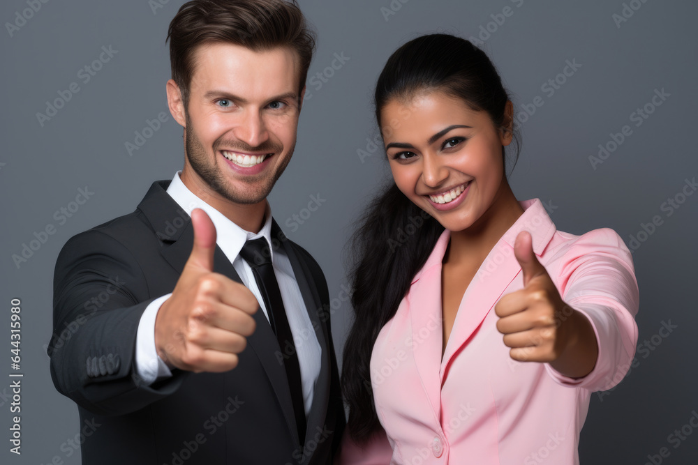 Picture of man and woman showing their approval with thumbs up gesture. This image can be used to convey positivity and agreement in various contexts. Picture of man and woman showing their approval with thumbs up gesture. This image can be used to convey positivity and agreement in various contexts.
