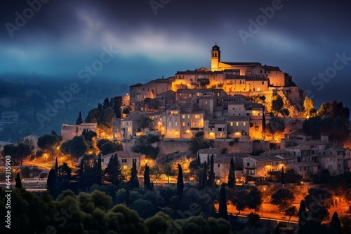 Fotografie, Tablou Medieval fortified hilltop town, Saint Paul de Vence, France - view at dusk from observation point