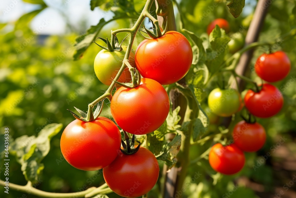 Ripe tomatoes growing outdoors on tomato plants in the UK. Generative AI
