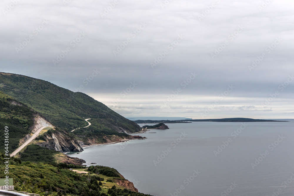 A panoramic view of the Cape Breton Island Coast line cliff scenic Cabot Trail route, Nova Scotia Hghlands Canada
