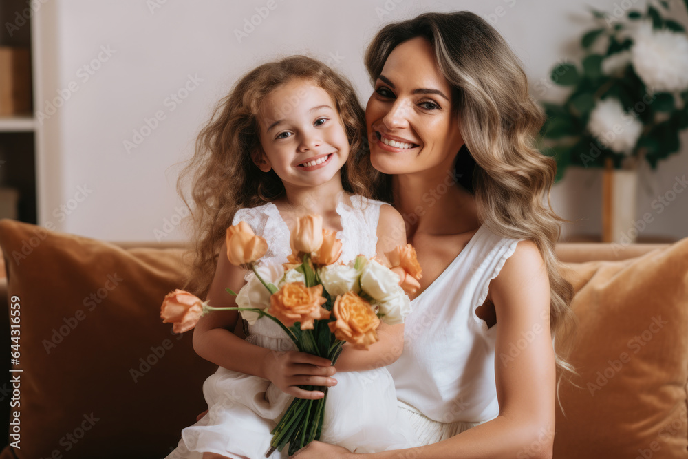 Woman and little girl sitting together on comfortable couch. Perfect for family and home-related themes. Woman and little girl sitting together on comfortable couch. Perfect for family and home-related themes.