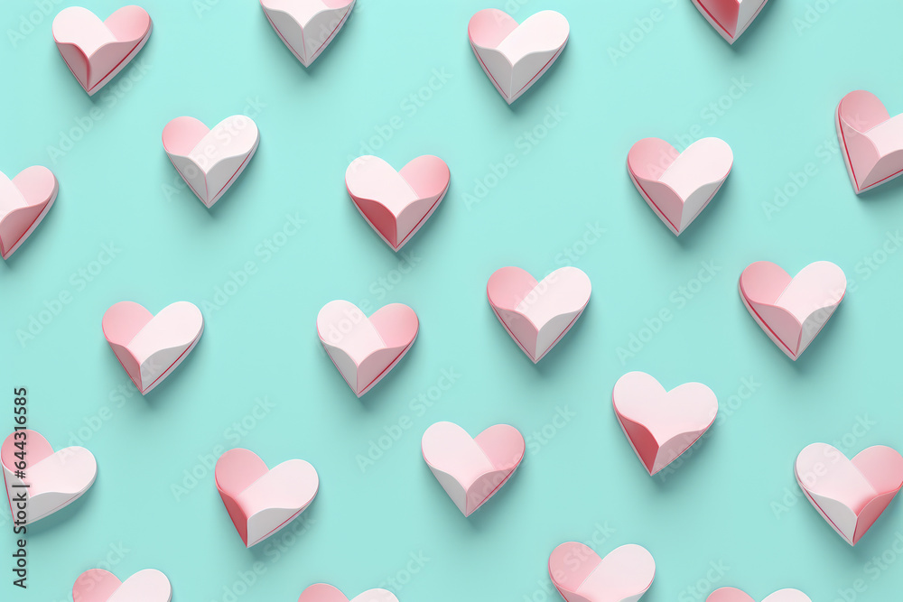 Vibrant image featuring multitude of pink paper hearts scattered on calming blue background. This picture can be used to add touch of romance and love to various projects.