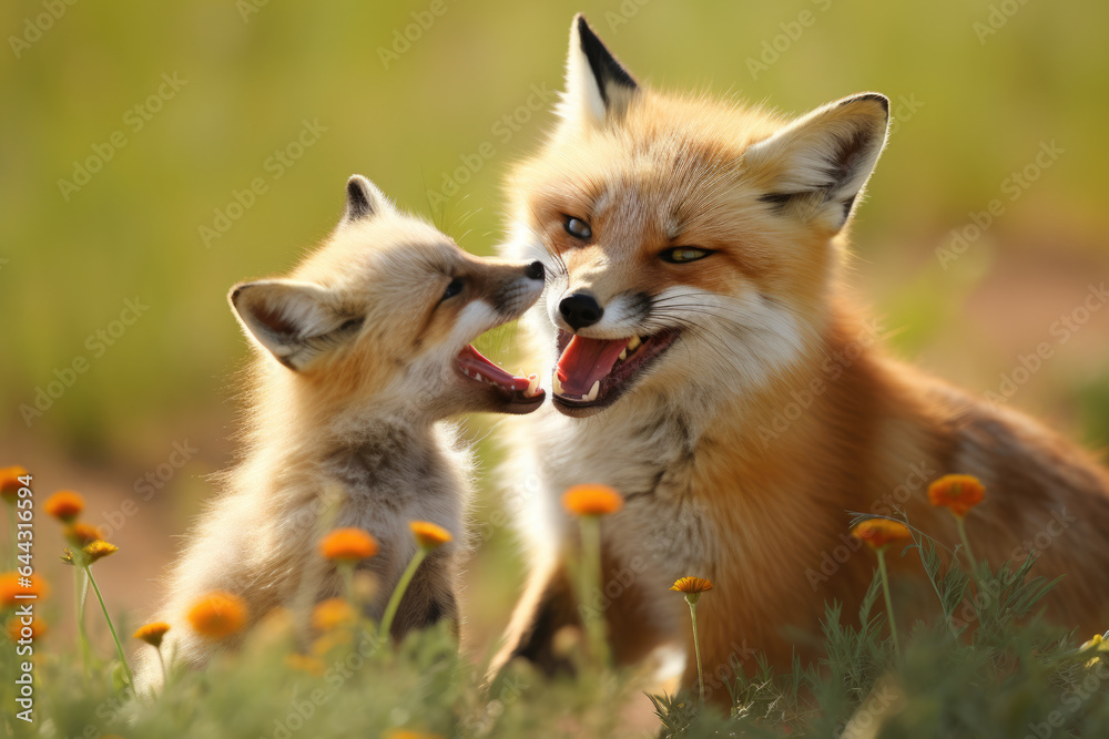 Two foxes standing next to each other. Suitable for nature and wildlife themes.
