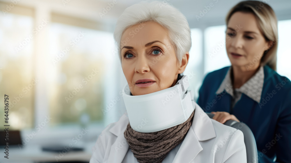 Senior woman and neck brace after injury accident and receive treatment