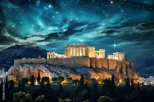 The Acropolis in a captivating setting beneath a magnificent starry sky. Generative AI
