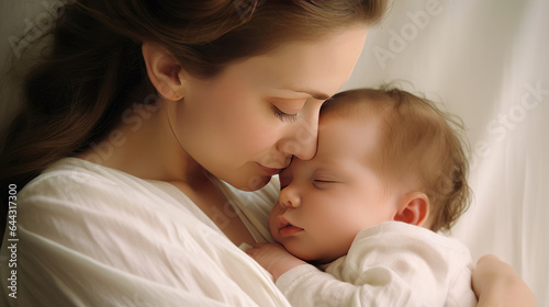 Portrait pretty woman holding a newborn baby , Loving mom carying of her newborn baby in her arms , Created with Generate Ai Technology