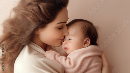 Portrait pretty woman holding a newborn baby , Loving mom carying of her newborn baby in her arms , Created with Generate Ai Technology