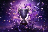 Purple backdrop showcasing a cartoon champions trophy with confetti cascading around it. Generative AI