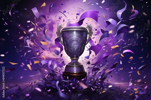 Print op canvas Purple backdrop showcasing a cartoon champions trophy with confetti cascading around it