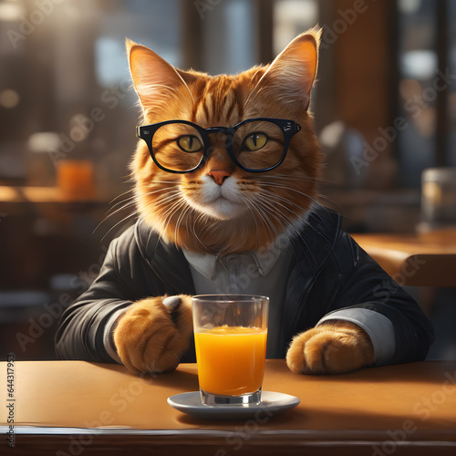 Cat wearing black glasses and drinking a glass of orange juice