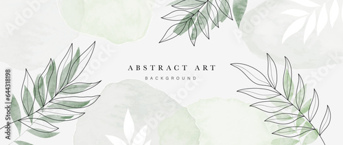 Abstract foliage art background vector. Botanical watercolor hand drawn leaves paint brush line art. Design illustration for wallpaper, banner, print, poster, cover, greeting and invitation card.