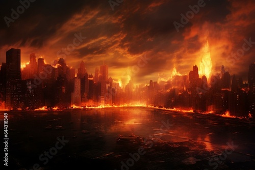 Apocalyptic view of New York City skyline engulfed in fire. Generative AI