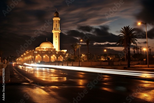 Night view of Djamaa el Djazaïr, the mosque in Algeria. Generative AI photo