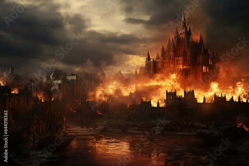 Detailed, realistic medieval city burning with black smoke in the skyline. Generative AI