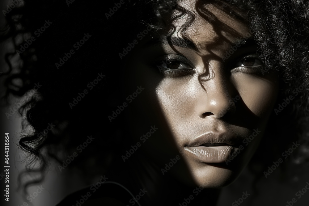 Closeup female beauty portrait afro american sensual woman model with curly hair looking at camera, shadows on face Closeup female beauty portrait afro american sensual woman model with curly hair looking at camera, shadows on face