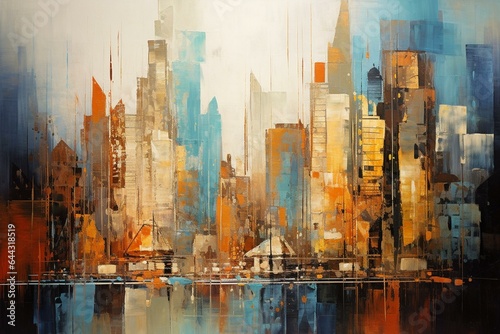 Abstract painting with colorful, golden-toned cityscape featuring skyscrapers. Generative AI
