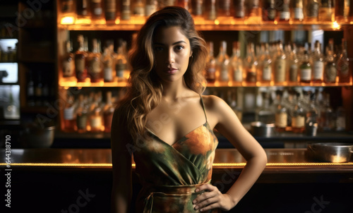 Beautiful female bartender standing in front of bar with blurred alcoholic drinks behind her.