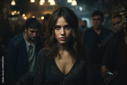 Lonely young woman in crowd of lustful men in bar. Lust, violence, harassment, abuse concept