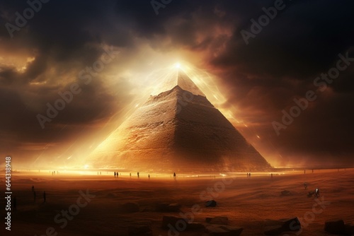 An image depicting an Egypt pyramid enveloped in enchanting light, smoke, and thunder. Generative AI