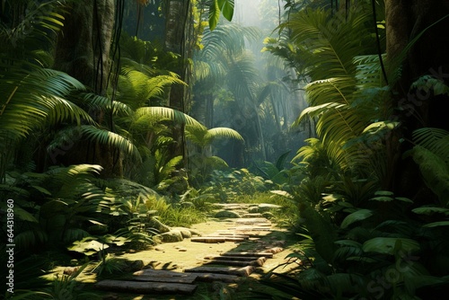 Adventure-filled tropical jungle with lush trees and green ground. Perfect for UI design  parks  and glades. Generative AI