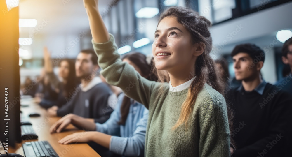 Young Woman Student Raises Hand and Asks Teacher a Question in classroom at university with Diverse Multiethnic Classmates. Young Woman Student Raises Hand and Asks Teacher a Question in classroom at university with Diverse Multiethnic Classmates.