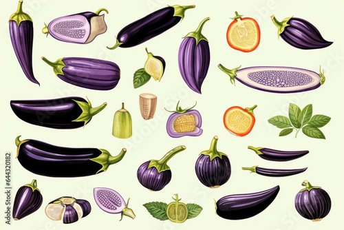 Illustrations portraying a variety of eggplant types. Generative AI