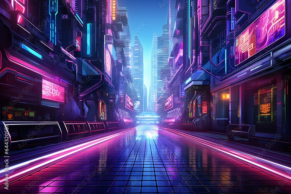 Retro-futuristic urban city backdrop featuring a sci-fi corridor with neon accents. Generative AI
