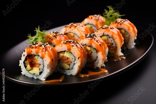 Japanese Asian dish with rolled makis. Generative AI