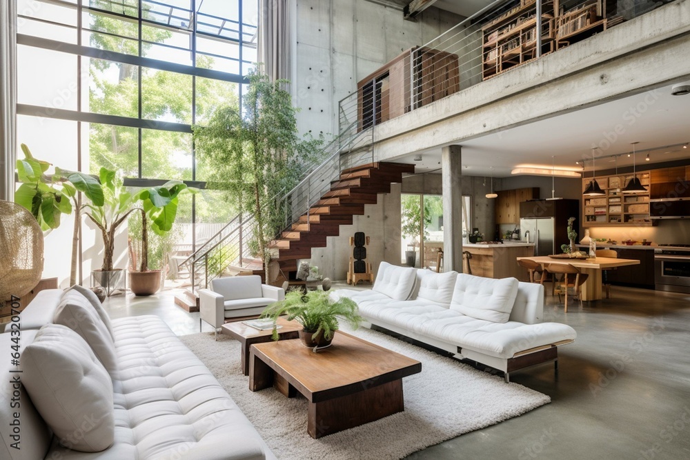 Elegant loft w/ garden access, light gray cloth furnishings, concrete tile floors & wooden plank ceilings. Generative AI