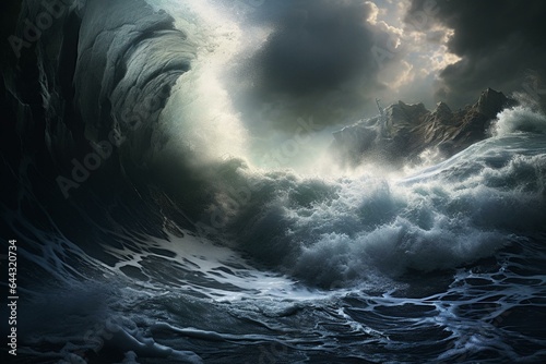 Violent ocean waves clash with the shore in a fierce storm Fototapet