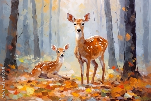 Beautiful painting of a family of deers resting under the trees in the forest. Wildlife Animals. Illustration, Generative AI.