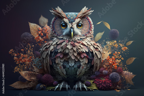 Image of an owl with beautiful flowers. Bird. Wildlife Animals. Illustration, Generative AI.