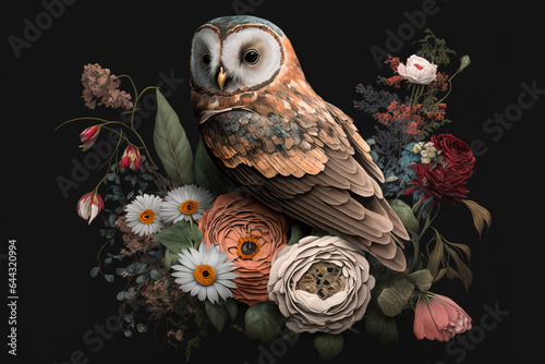 Image of an owl with beautiful flowers. Bird. Wildlife Animals. Illustration, Generative AI.