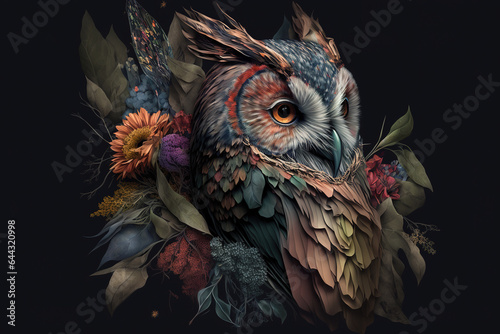 Image of an owl with beautiful flowers. Bird. Wildlife Animals. Illustration, Generative AI.
