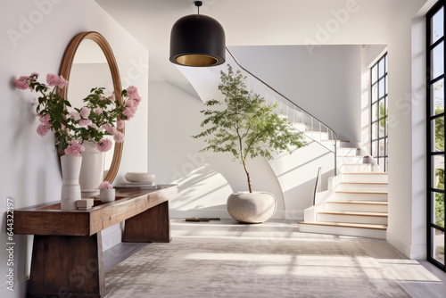 Scandinavian modern interior design of a bright hallway in a minimalist style with a mirror and panoramic windows