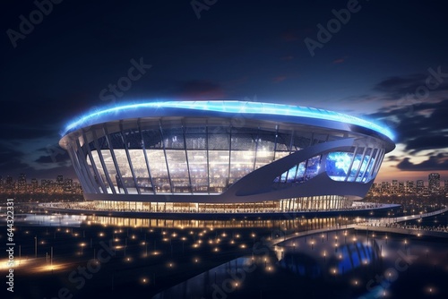 3D rendering of a brightly lit football stadium at night. Generative AI