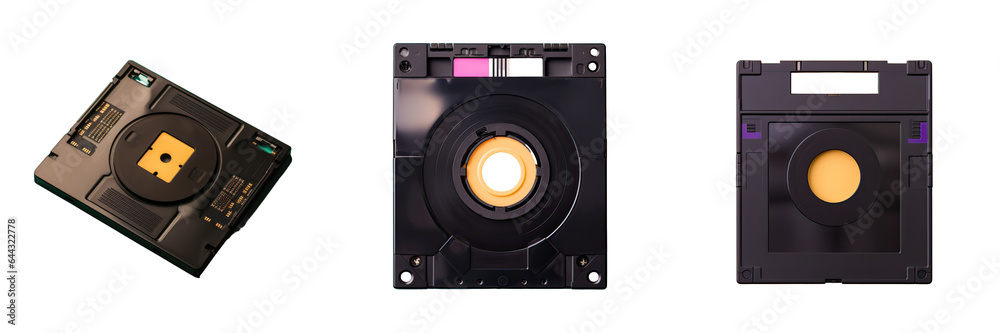 Fototapeta premium Flat lay view of a black 3 5 floppy disk on an isolated transparent background commonly used in 90 s computer devices for data recording