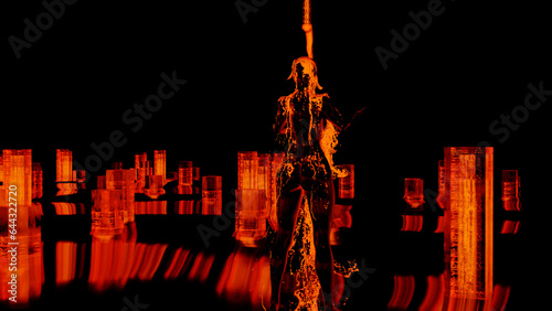 3d render Sexy young dark woman, fluid animation flowing through the body of the girl