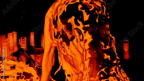 3d render Sexy young dark woman, fluid animation flowing through the body of the girl