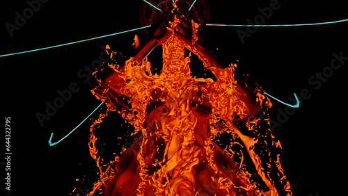 3d render Sexy young dark woman, fluid animation flowing through the body of the girl