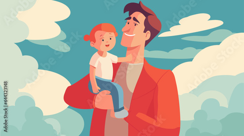 Father's day flat design, Dad holding baby illustration isolated from background, blue sky with clouds.AI Generated