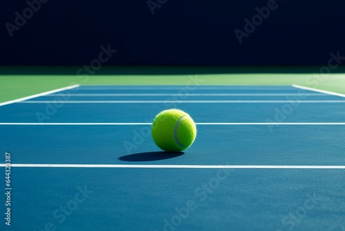 Tennis ball on blue court. Generative AI