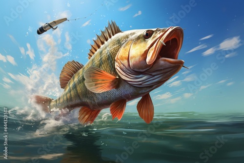 Realistic illustration of a large lake perch attacking a bait wobbler while fishing on a river or lake in the USA. Generative AI