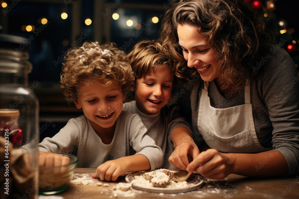 Happy family preparing Christmas cookies. Mother and children baking cookies. created by generative AI technology.