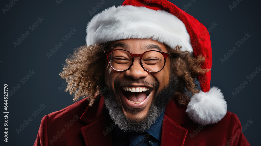 African American man wearing Christmas hat and glasses on dark background. created by generative AI technology. African American man wearing Christmas hat and glasses on dark background. created by generative AI technology.