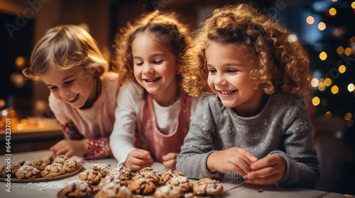 Selective focus of happy kids looking at cookies in kitchen at home. created by generative AI technology.