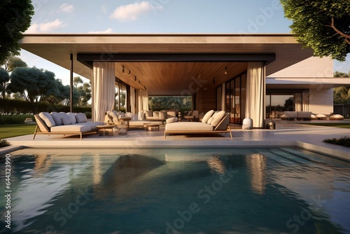 Pool terrace with brown furnishings and a modern home interior featuring a large sliding door overlooking the swimming pool and landscape. Generative AI © Andromeda